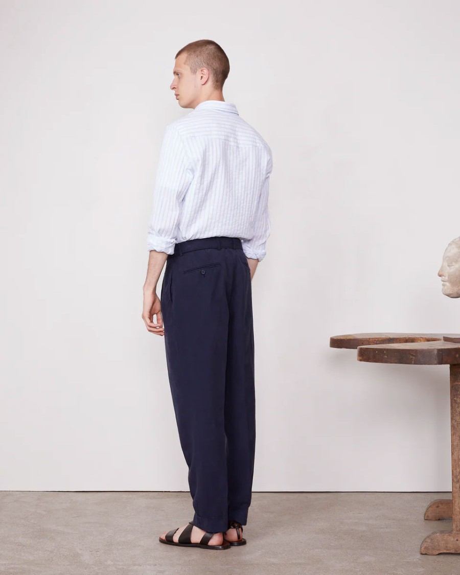 Officine Generale Tapered Blue Pants With Pleated Front In Blue