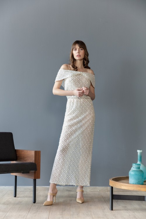 Saiid Kobeisy Off-White Lace Dress With Blouson Top And Back Saiid Kobeisy Off-White Lace Dress With Blouson Top And Back