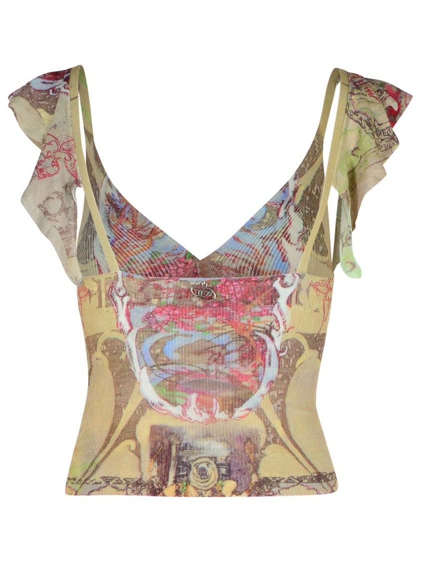 Diesel Ruffle-shoulder Knit Top With Medieval Print