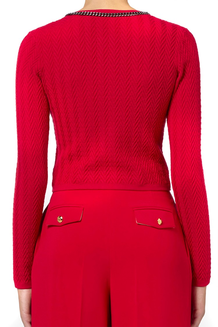 Elisabetta Franchi Textured Cropped Cardigan With Chain Detail In Red