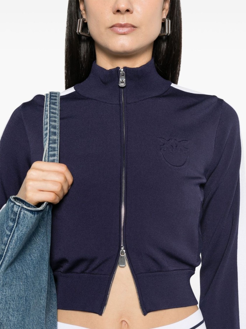 Shop Pinko Cropped Blue And White Sweater With High Collar