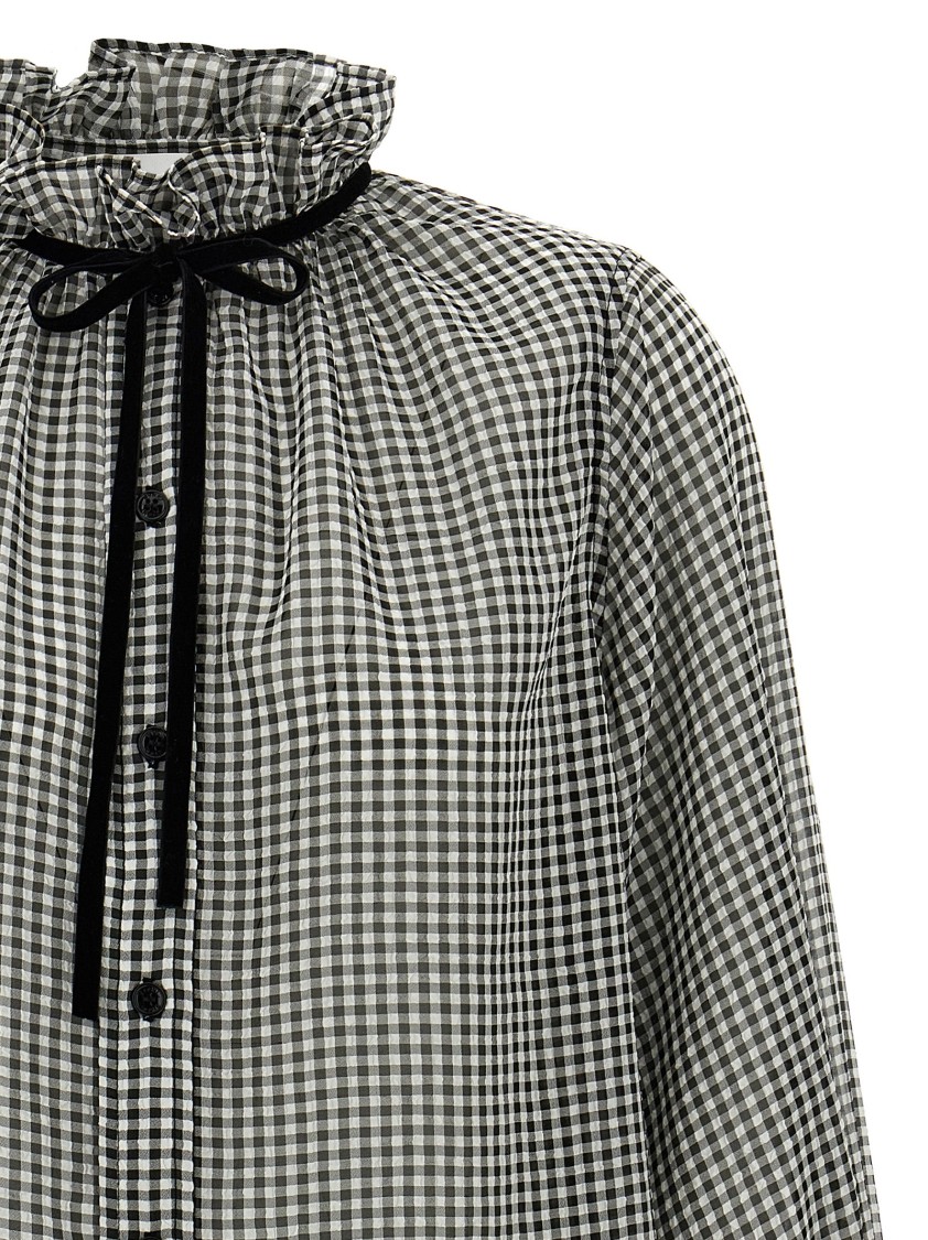 Ganni Vichy Print Shirt With Ruffled Collar In Gray