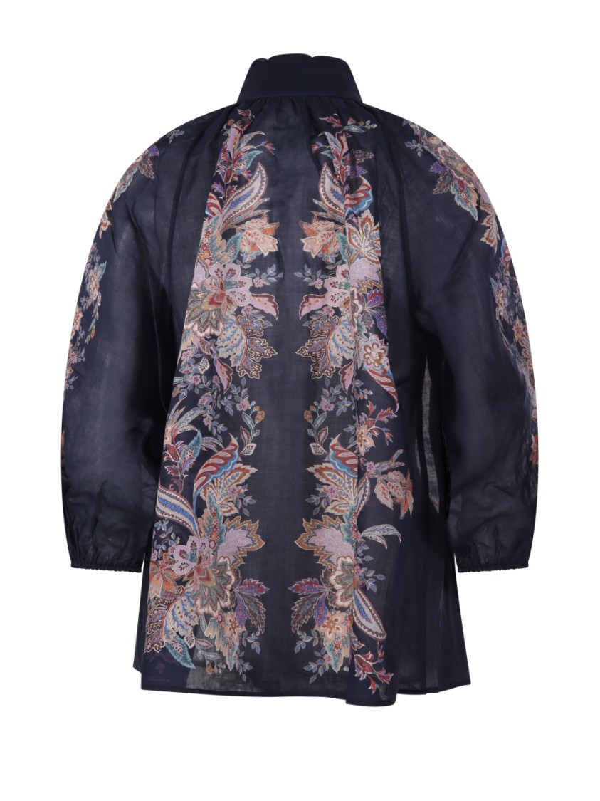 Zimmermann Rhiannon Billow Blue Blouse With High Neck And All-over Paisley Print In Ramie Woman In Blue
