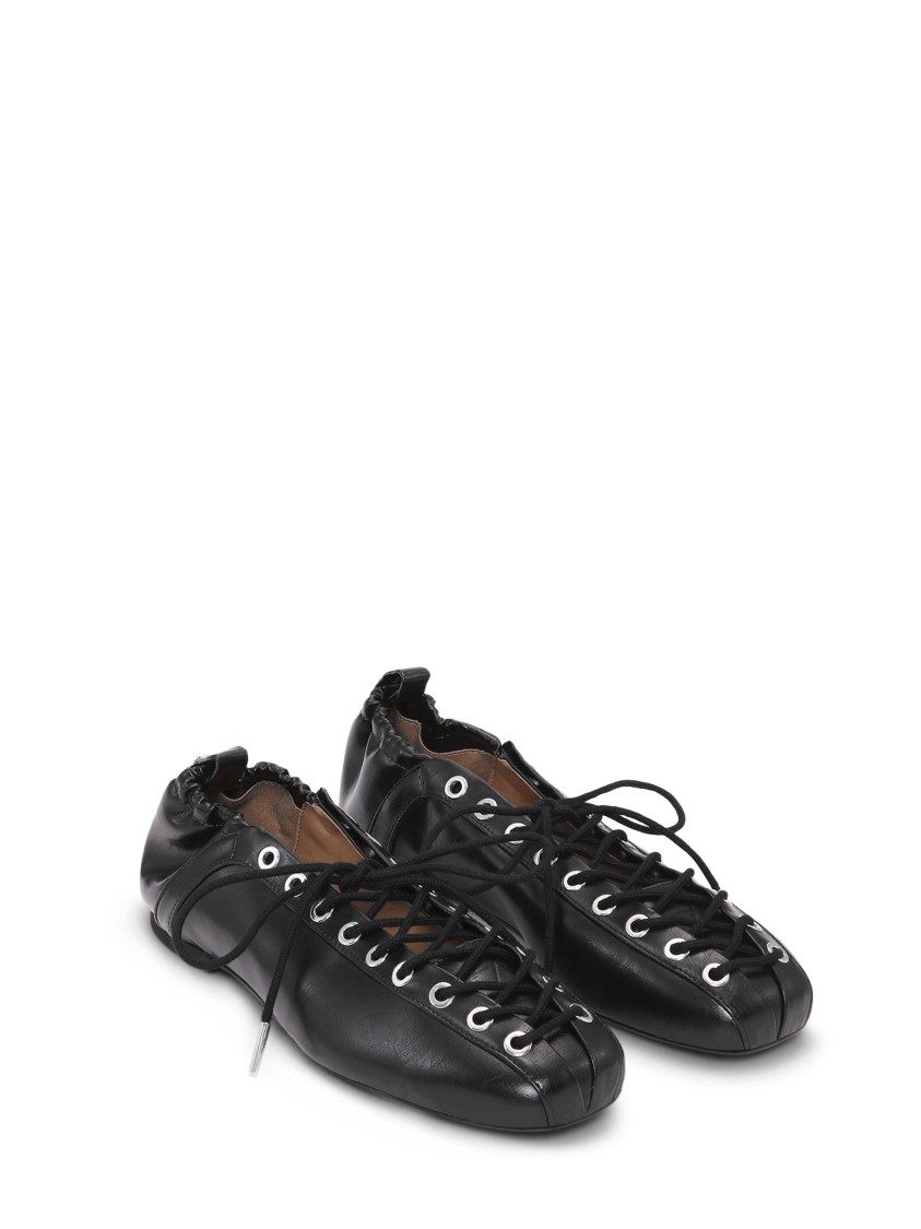 Ganni Eyelets Lace-up Ballerina Flats With Crinkle Oleatex Finish In Black