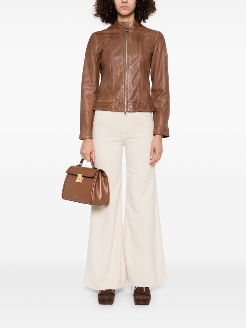 Peuterey Brown Leather Jacket With High Collar In Brown