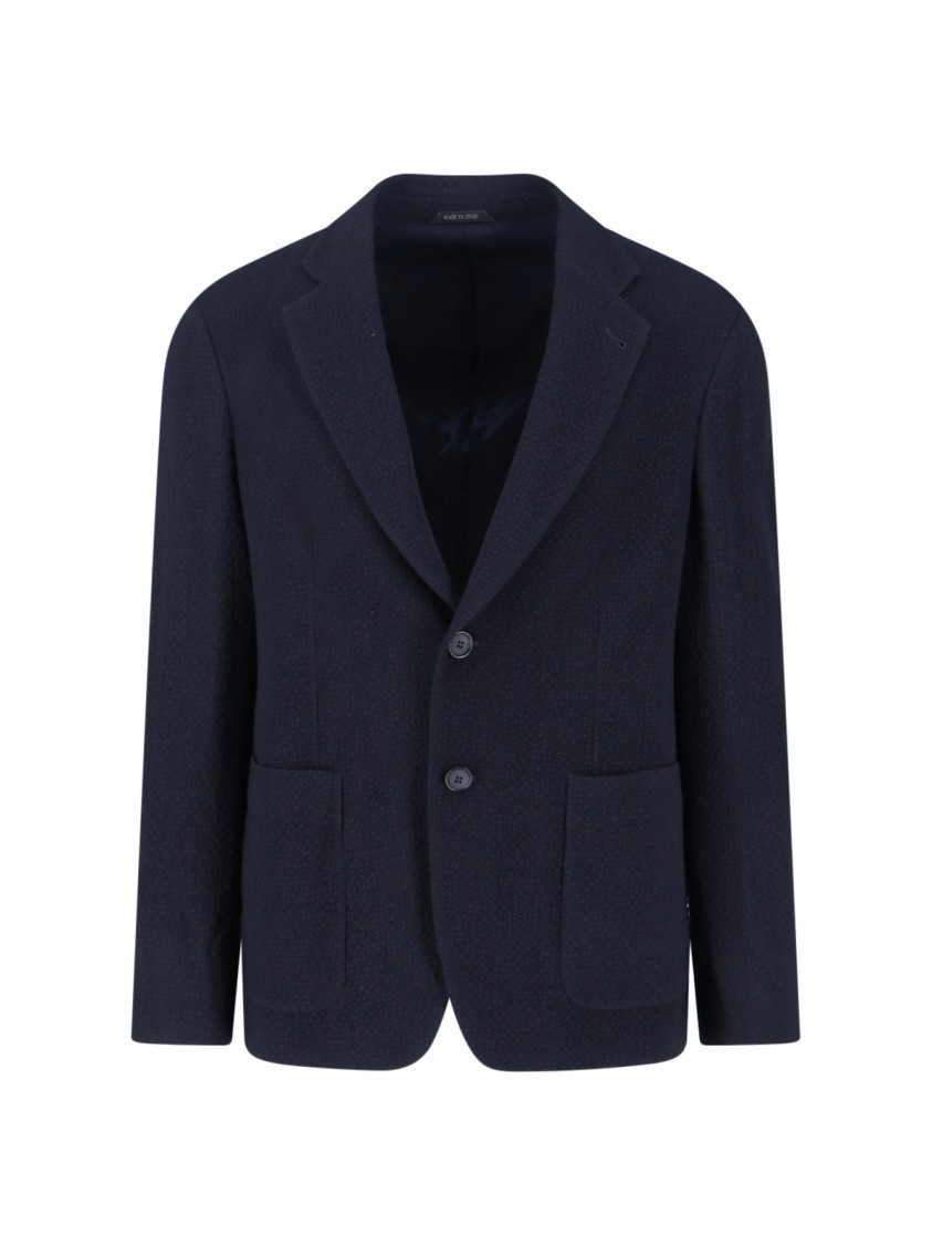 Giorgio Armani Textured Navy Blazer With Classic Lapel And Tailored Silhouette In Blue
