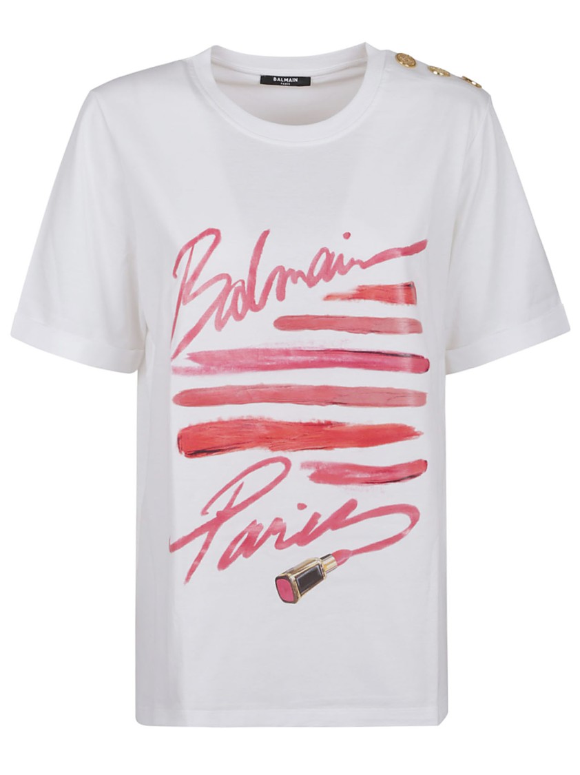 Shop Balmain White Cotton T-shirt With Lipstick Print