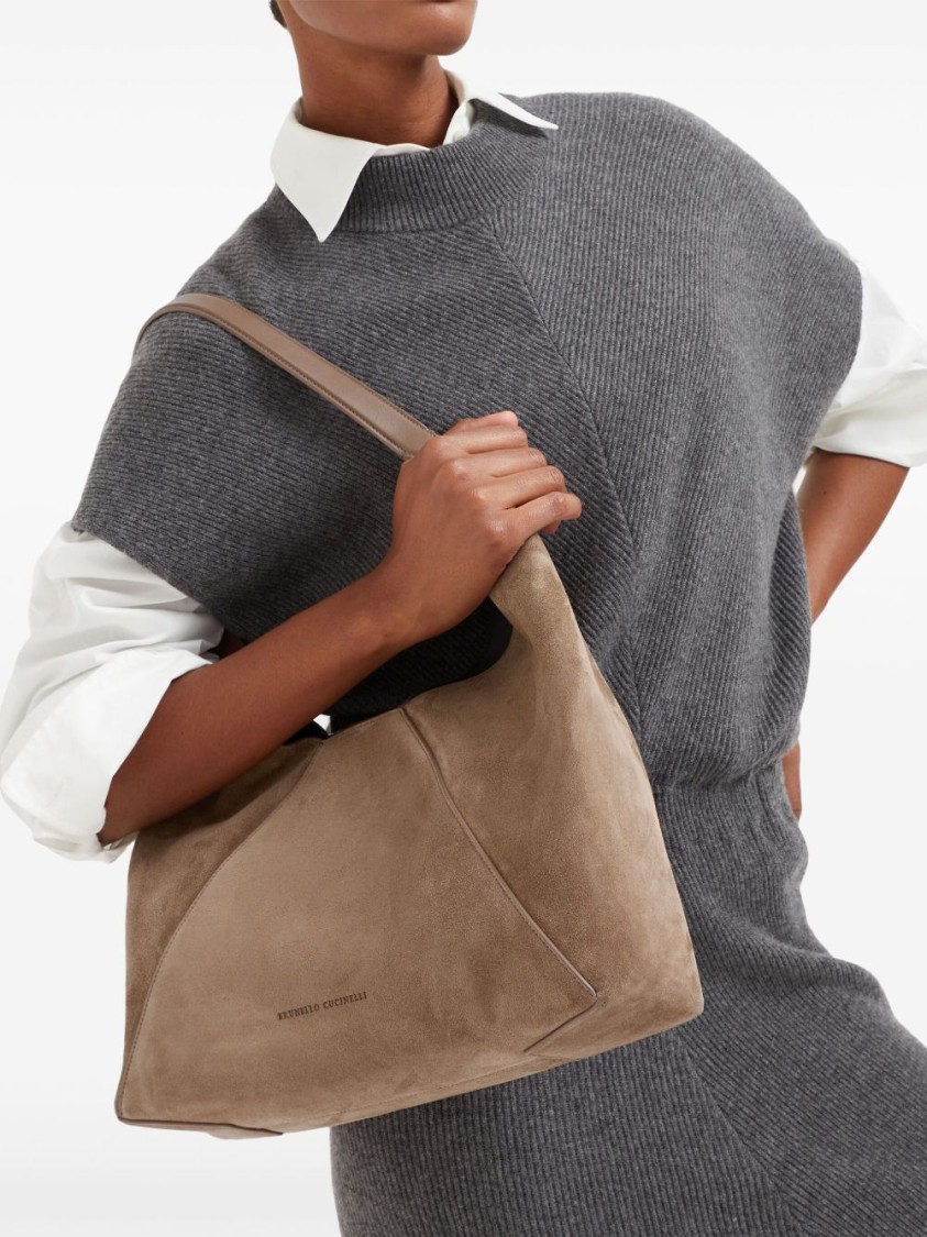 BRUNELLO CUCINELLI BRUNELLO CUCINELLI TOBACCO BROWN CALF SUEDE HANDBAG WITH VELVET EFFECT
