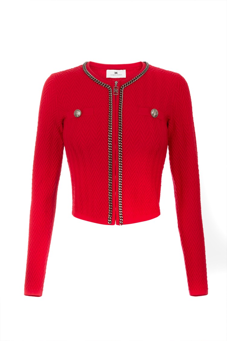 Elisabetta Franchi Textured Cropped Cardigan With Chain Detail In Red