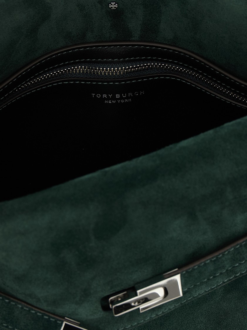 Tory Burch Large Rectangular Shoulder Bag With Suede Finish In Green