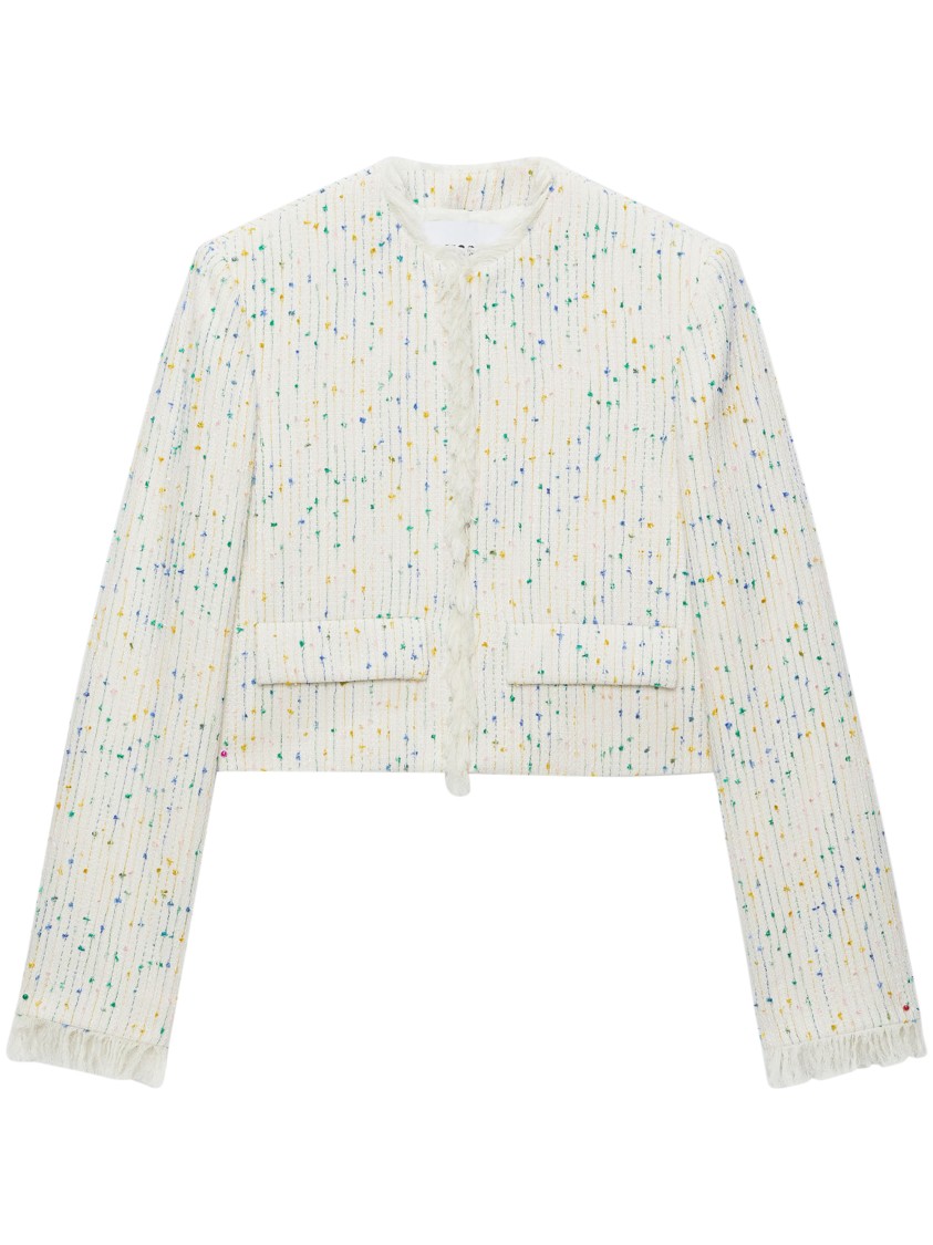 Msgm Cropped Textured Jacket With Fringe Details In White