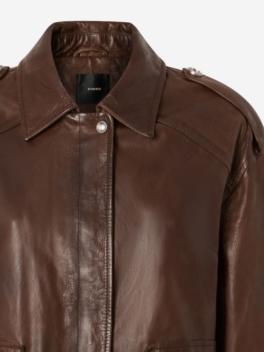 Pinko Washed Leather Jacket With Collar