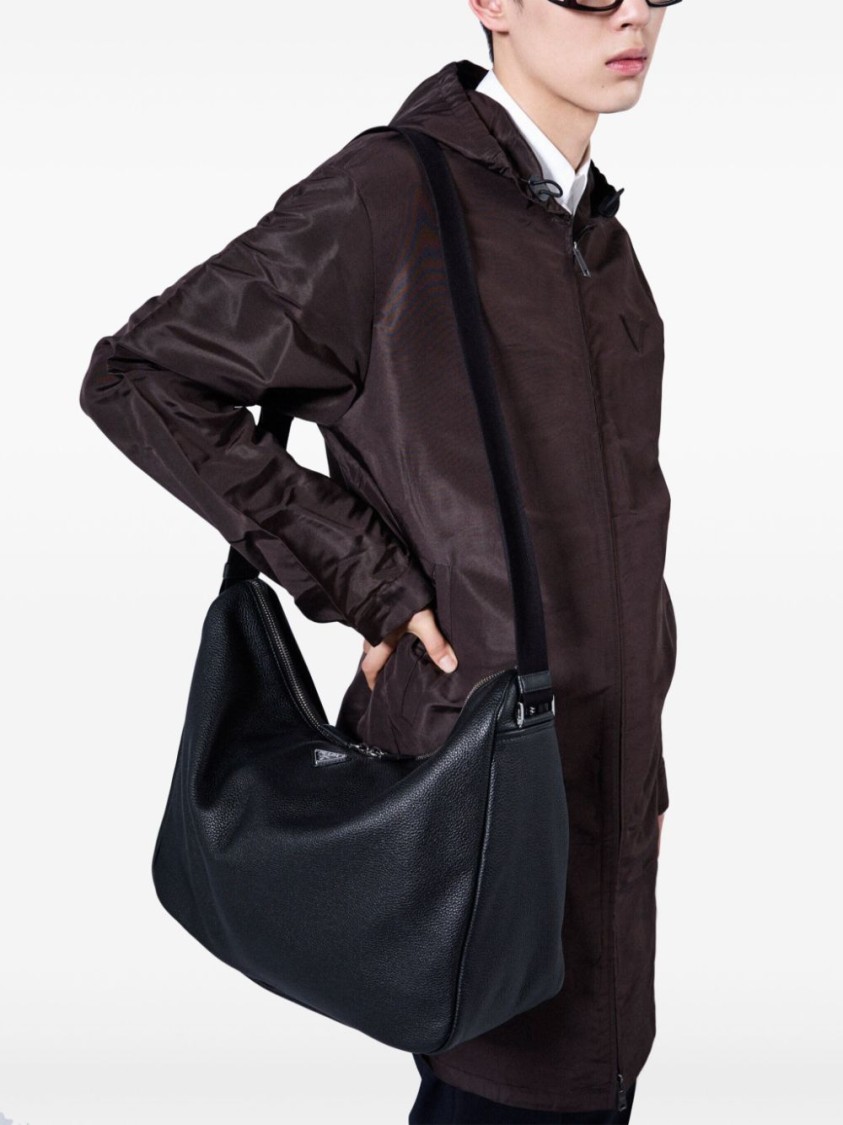 Prada Mid-thigh Brown Zip-up Coat With Hood And Subtle Branding In Black