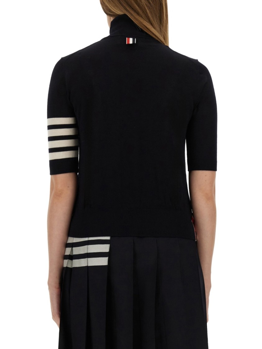 Thom Browne Black Short Sleeve Sweater With 4-bar Detail In Wool Woman