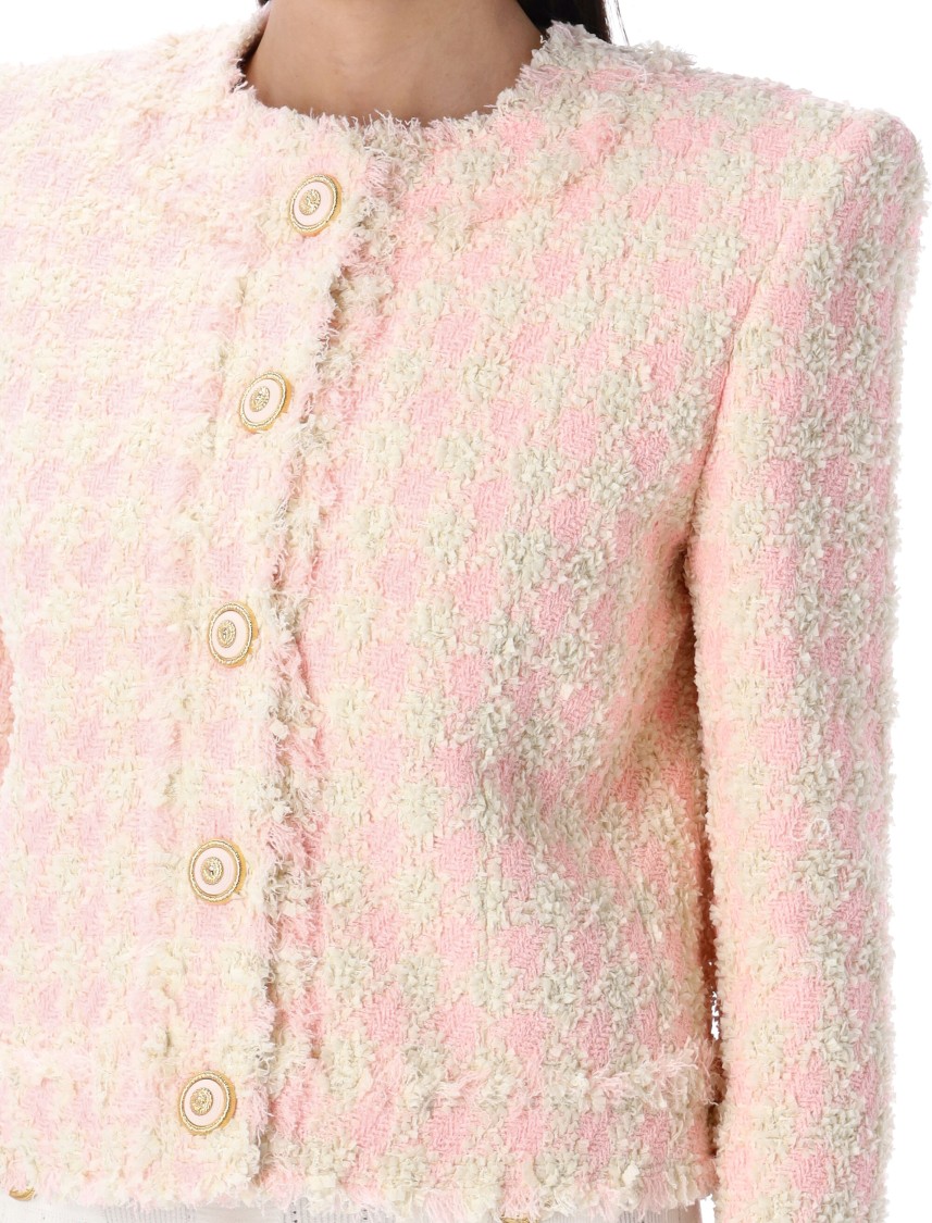 Balmain Five-button Collarless Tweed Jacket In Pink