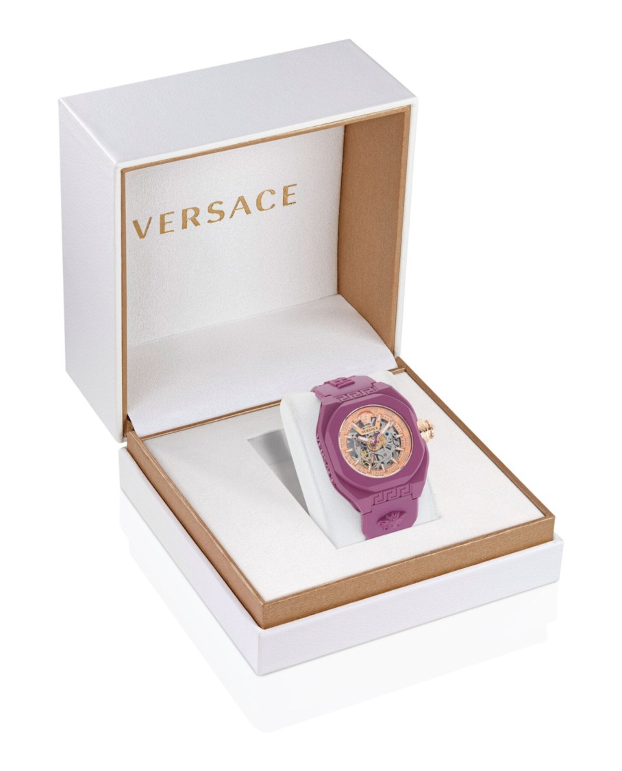 Versace V-legend Skeleton Automatic Watch In Purple