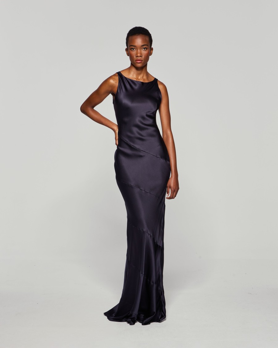 Serena Bute Silk Spiral Evening Dress - Midnight Navy In Blue
