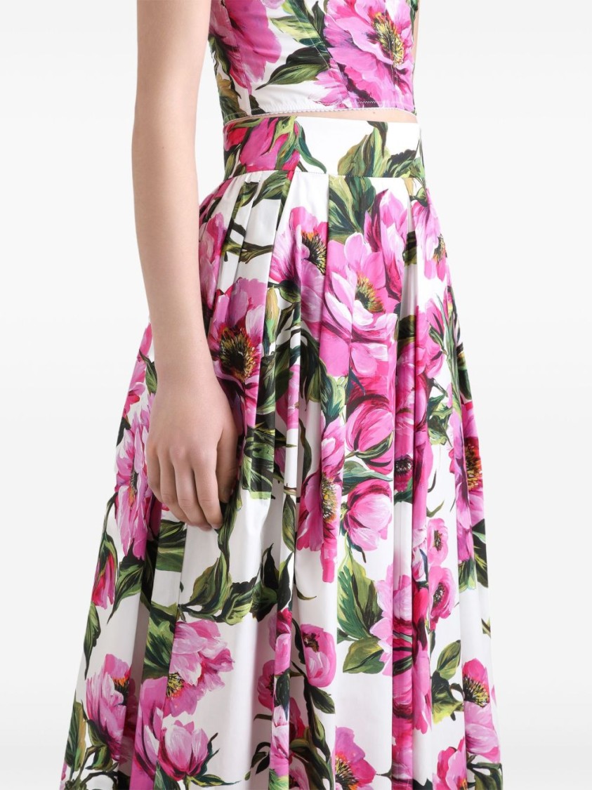 Dolce & Gabbana Pink Circle Midi Skirt With All-over Peony Motif In Multicolor