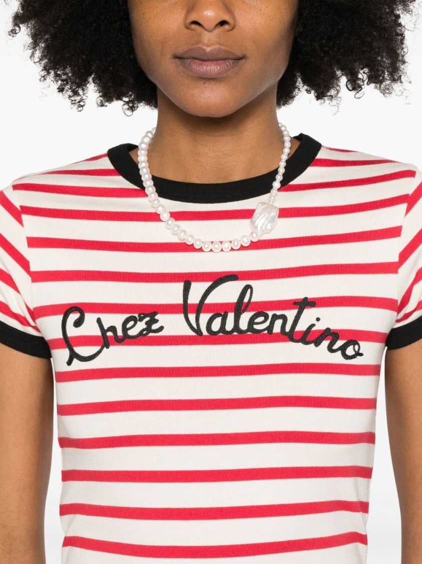 Valentino Women Ivory Striped Jersey Embroidered T-shirt