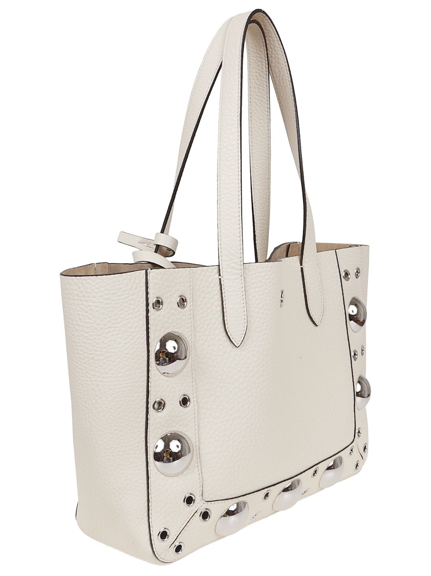 Valentino Garavani Medium Textured Leather Tote With Ball Studs And Signature Logo In White
