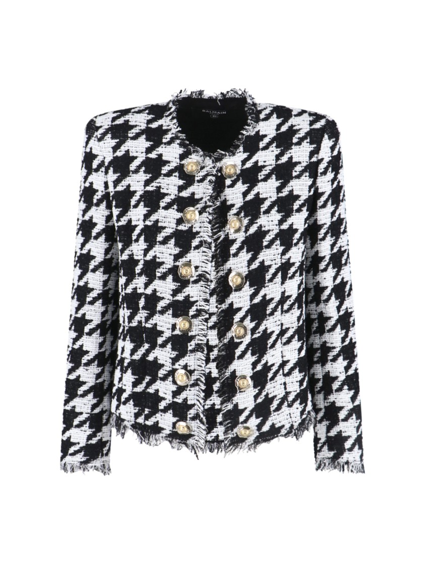 Balmain Spencer Black And White Jacket With All-over Check Motif And Fringed Hem In Cotton Blend Woman In Black