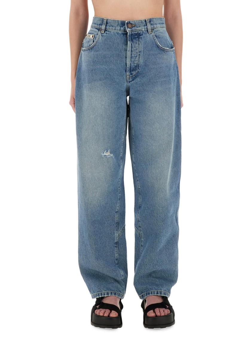 Moschino High-rise Distressed Five-pocket Trousers With Belt Loops In Blue