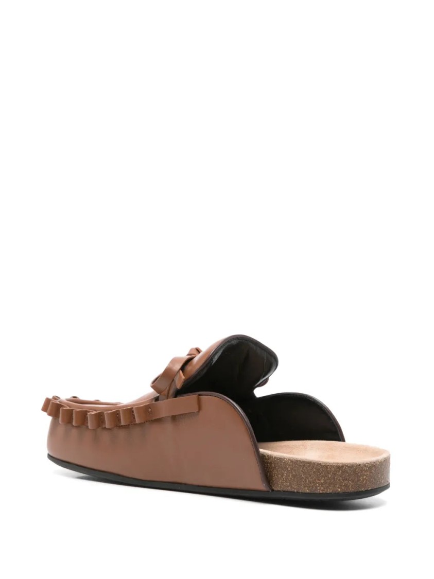 Jw Anderson Leather Slippers With Ruffle Trim And Bow In Brown