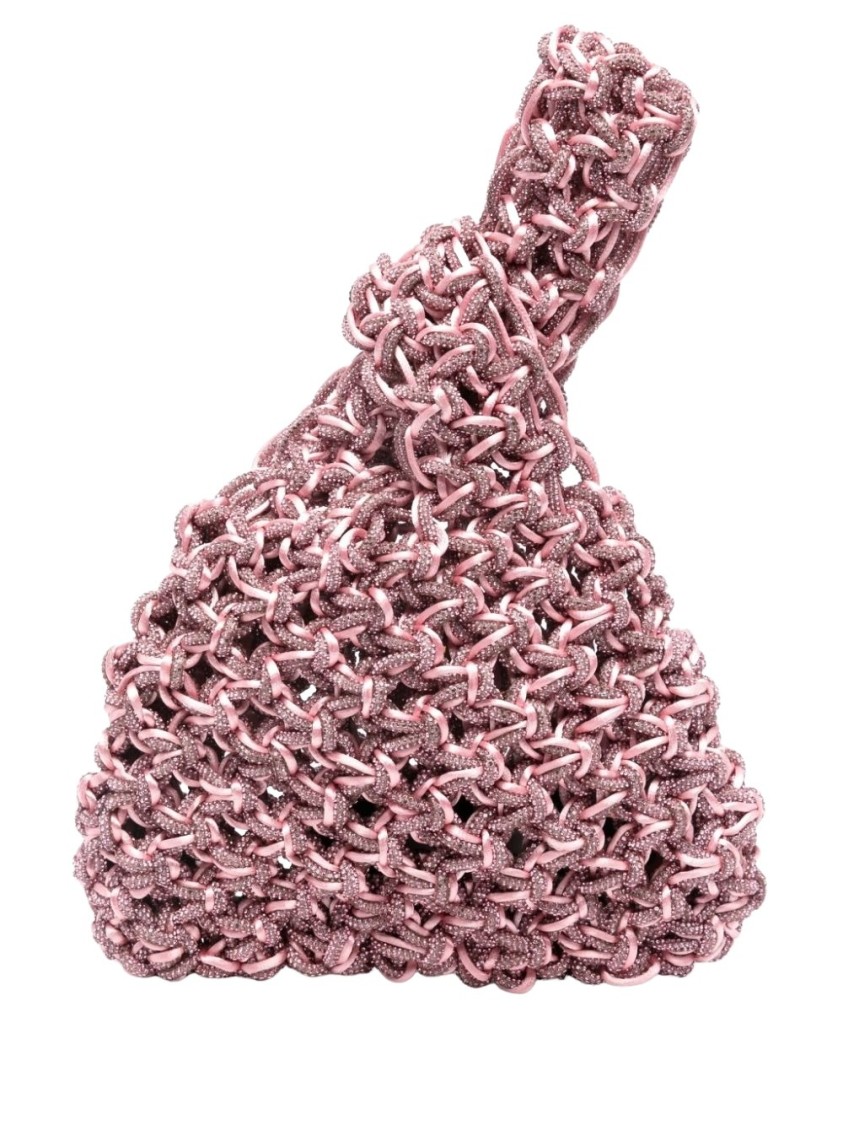 Shop Hibourama Woven Satin Handbag With Crystal Details And Knot Closure In Pink