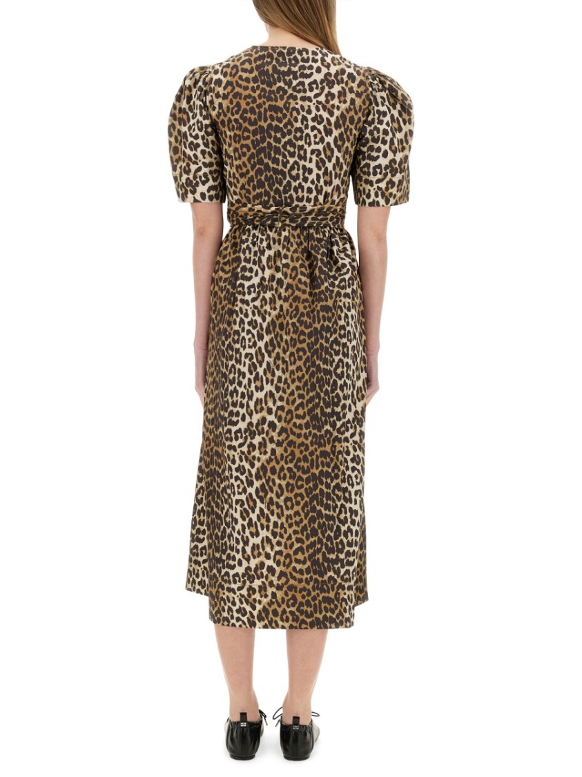 Ganni Belted Bow-embellished Leopard-print Cotton-poplin Midi Dress In Brown
