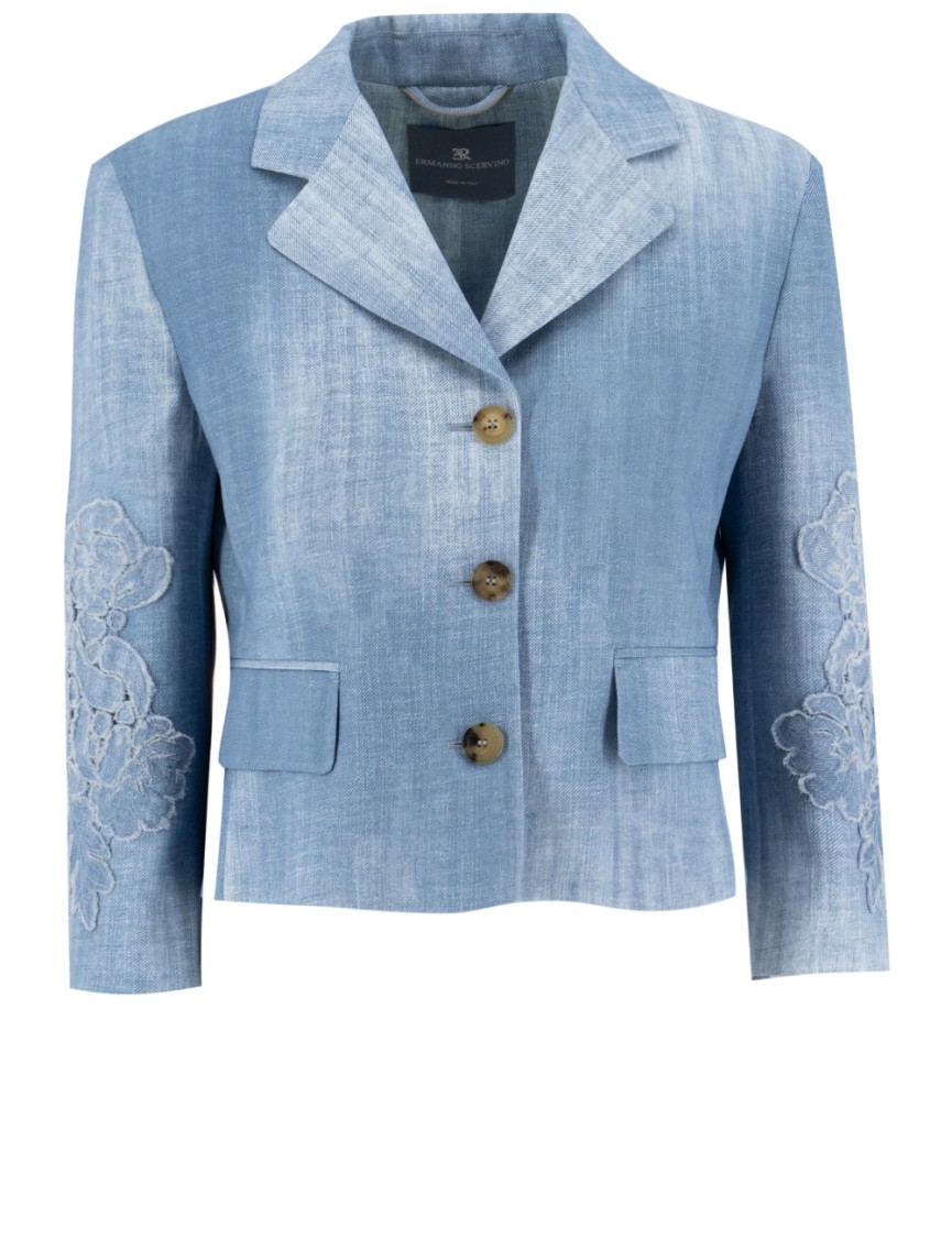 Ermanno Scervino Single Breasted Jacket With Floral Appliqués And Denim Effect In Blue
