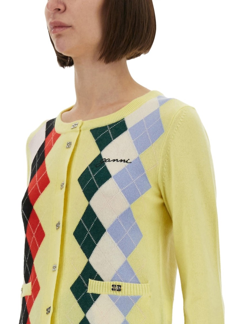 Ganni Knitwear Cardigan With Argyle Pattern And Pockets In Yellow