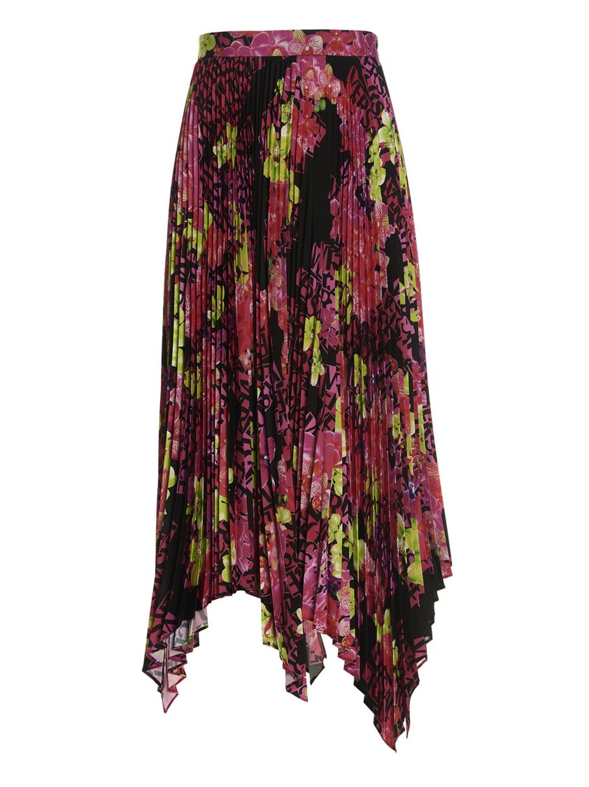 Versace Pleated Skirt With All-over Orchid Print In Burgundy