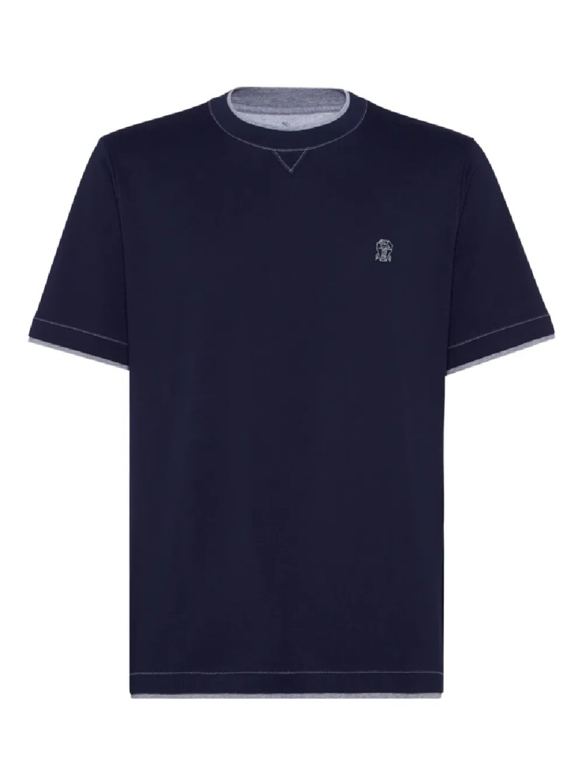 Brunello Cucinelli Short-sleeved Crew Neck T-shirt With Contrasting Stitching In Blue
