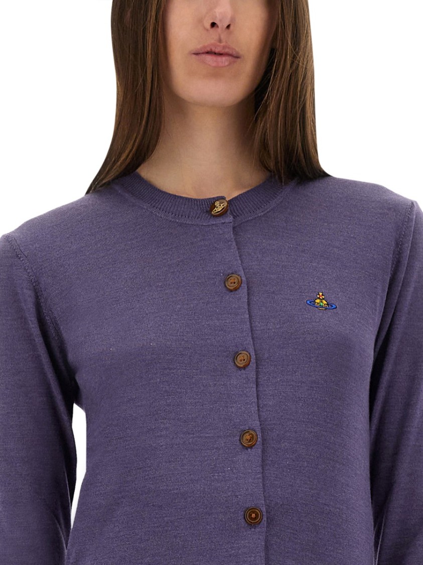Vivienne Westwood Wool Blend Bea Cardigan With Ribbed Cuffs And Hem In Purple