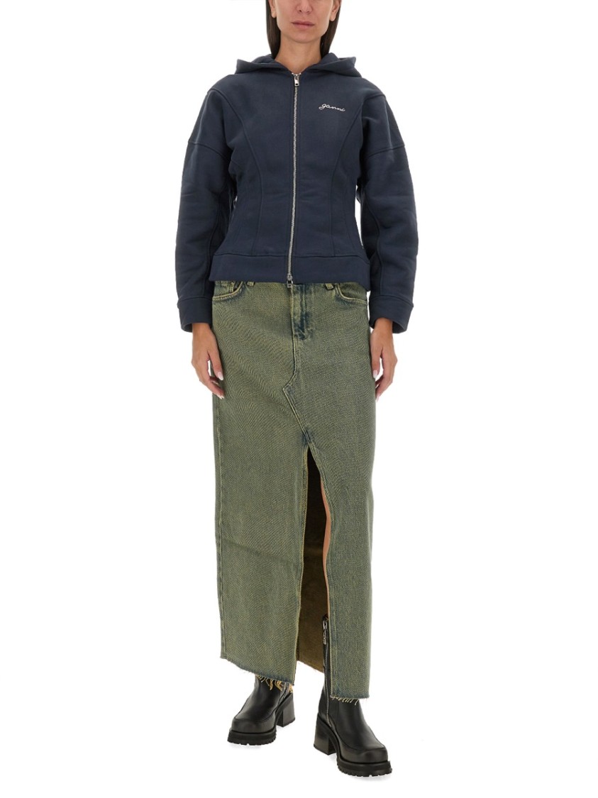 Ganni Slim-fit Hoodie With Structured Silhouette In Blue