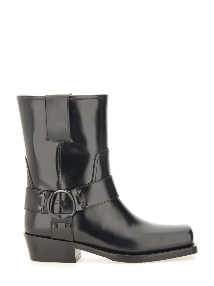 Valentino Black Leather Biker Rockstud Ankle Boots In Black