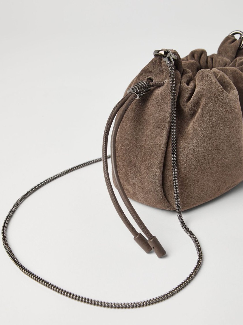 Brunello Cucinelli Soft Suede Drawstring Bag With Chain-link Strap