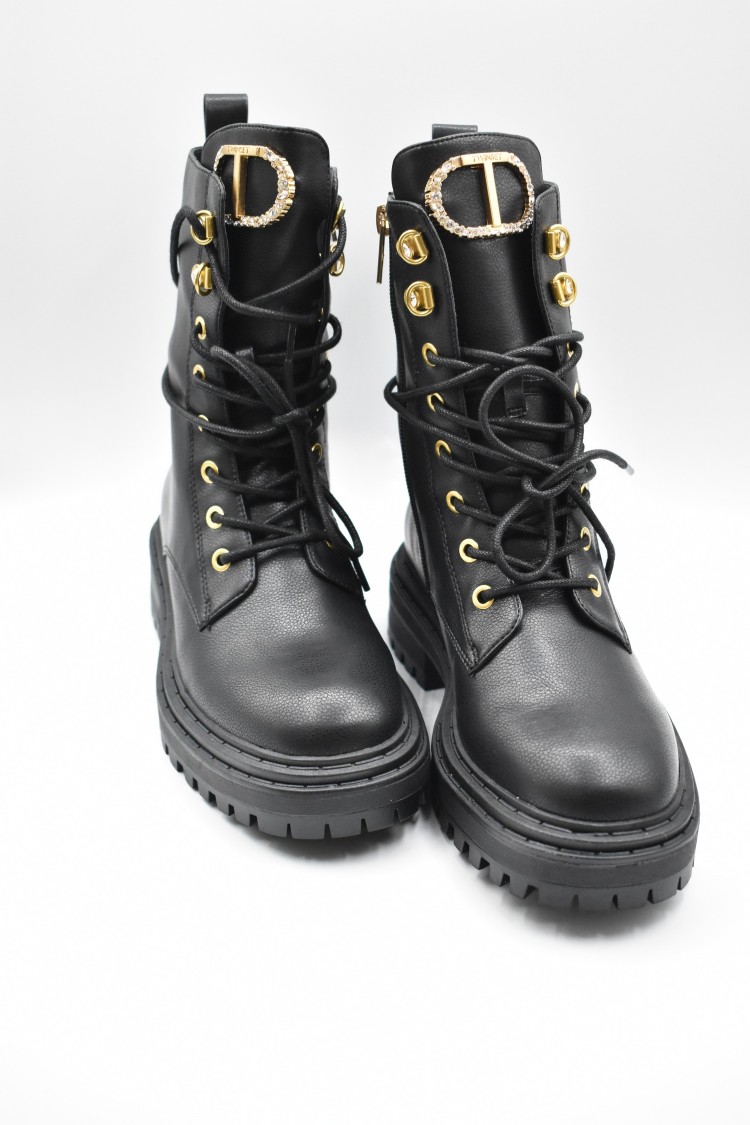 Shop Twinset Twin-set Laced Black Leather Boots With Gold Eyelets