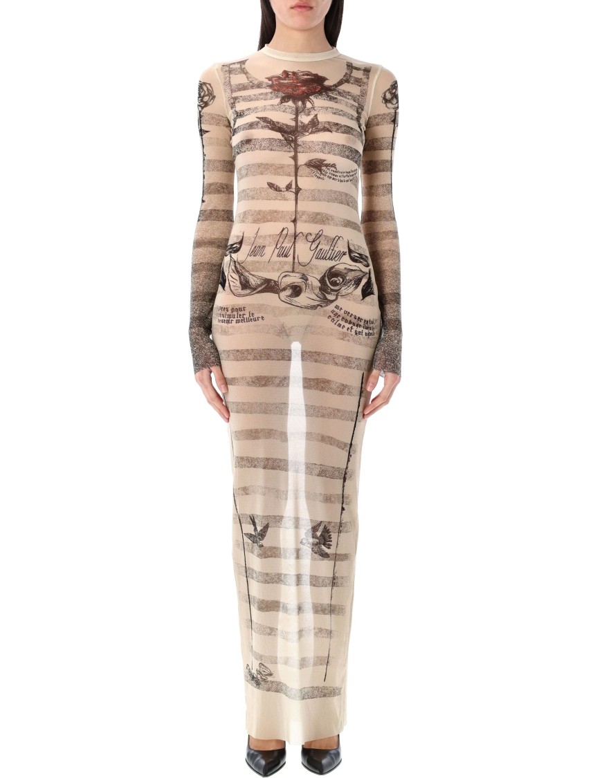 Jean Paul Gaultier Mesh Tattoo Striped Long Dress In Neutrals