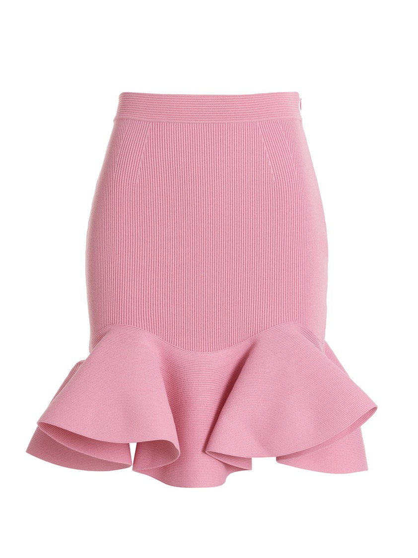 Alexander Mcqueen Mcqueen Fitted Ribbed Skirt With Flared Ruffle Hem In Pink