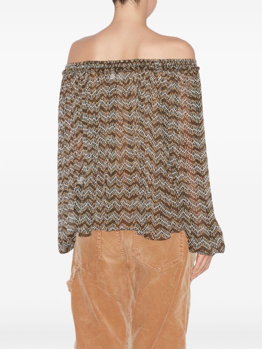 Isabel Marant Étoile Off-the-shoulder Blouse With Voluminous Sleeves And Zigzag Pattern In Brown