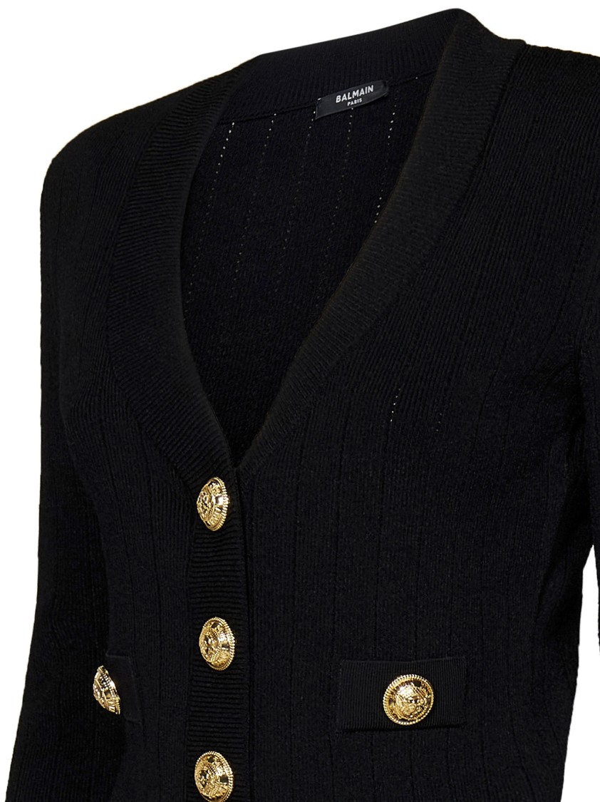 Balmain Black Ribbed Cardigan With Shoulder Pads And Logoed Metal Buttons In Black