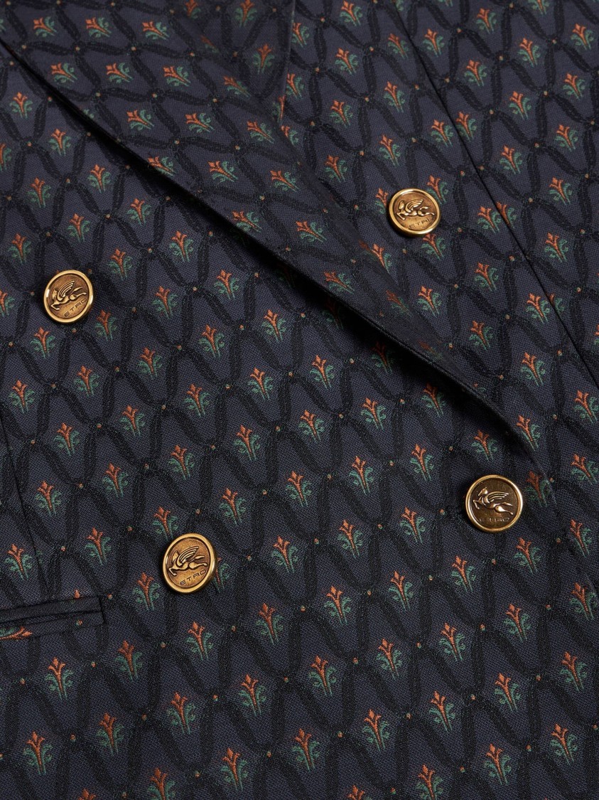Etro , Double-breasted Wool Jacquard Jacket, Woman, Navy Blue, Size 48 In Black