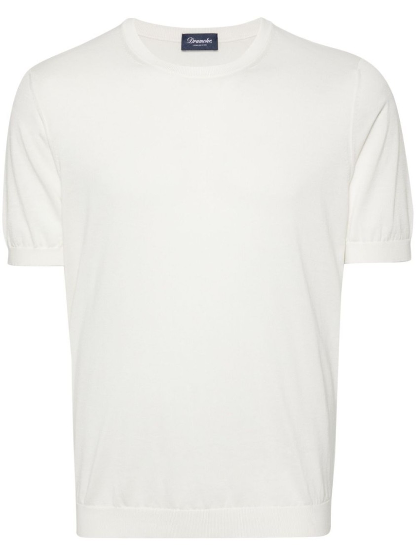 Drumohr Textured Short-sleeve Top With Classic Crew Neckline In White