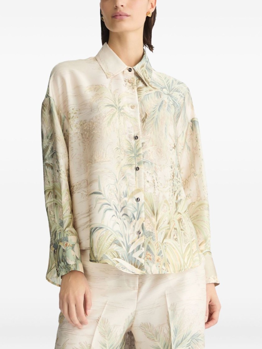 Liu •jo Liu Jo Tropical Print Green Shirt With Classic Collar In Neutrals