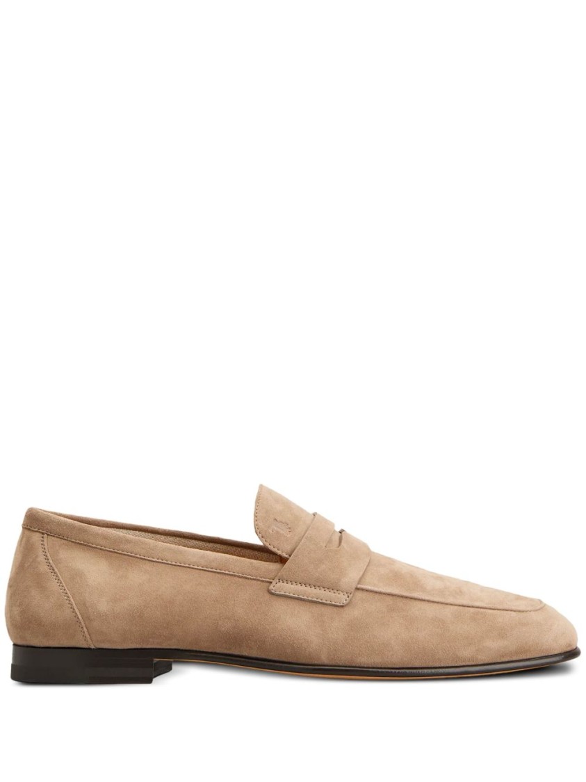 Tod's Suede Almond Toe Loafers With Tonal Stitching In Brown
