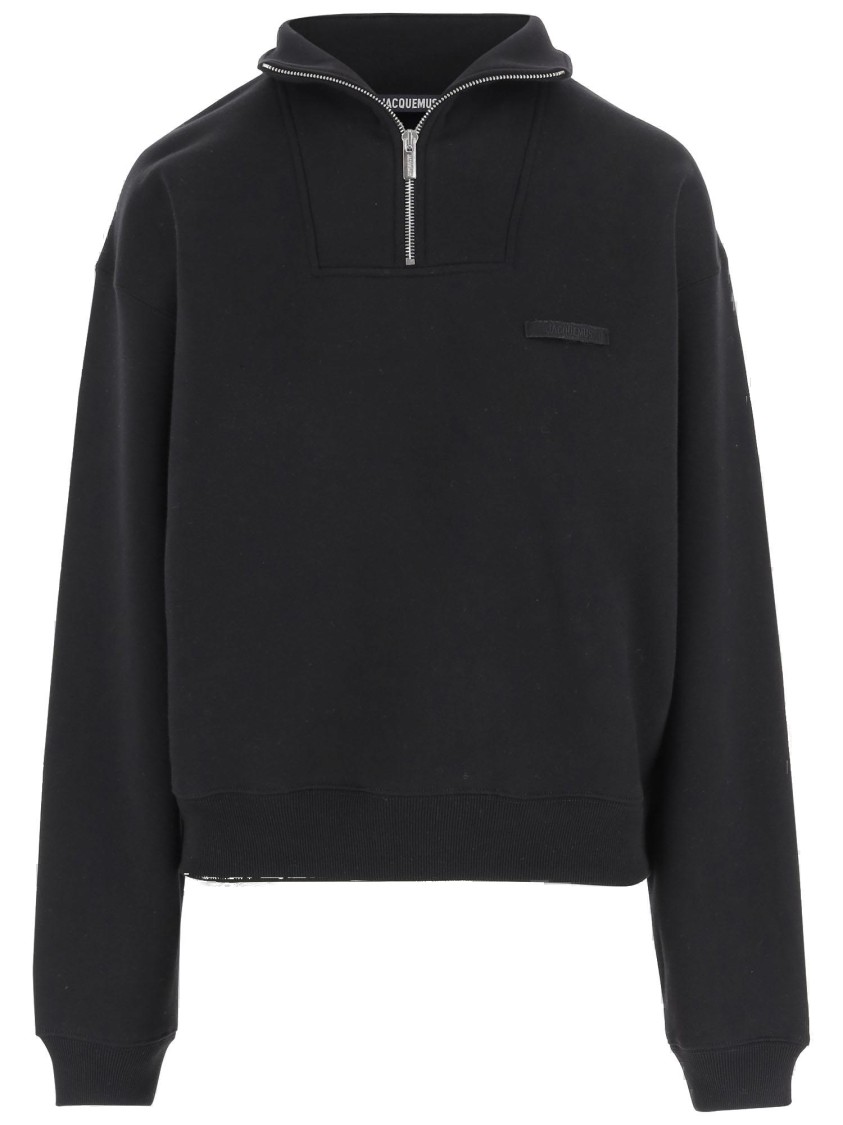 Jacquemus High Collar Cotton Fleece Sweatshirt With Grosgrain Detail In Black