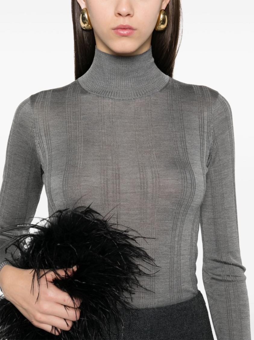 Carven Silk Turtleneck Sweater With Ribbed Hem In Grey