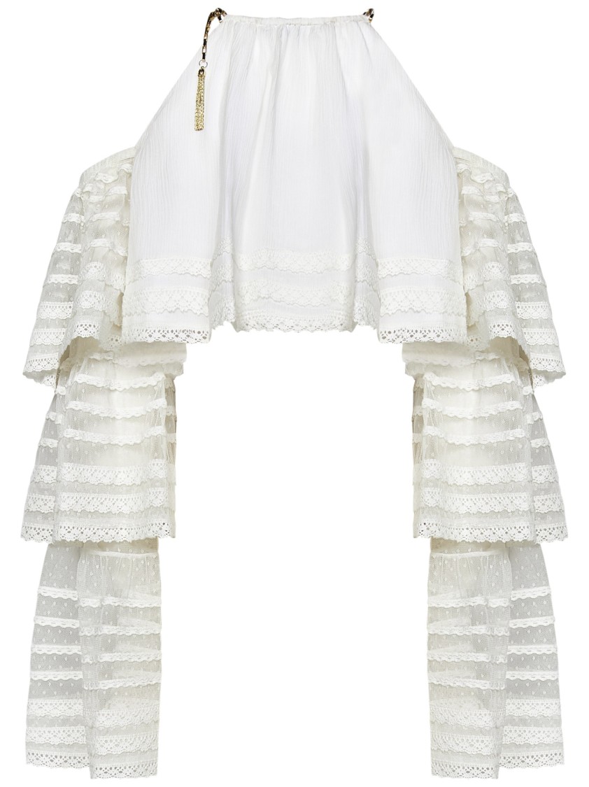 Amen Cropped Off-the-shoulder Top With Flounced Lace Sleeves