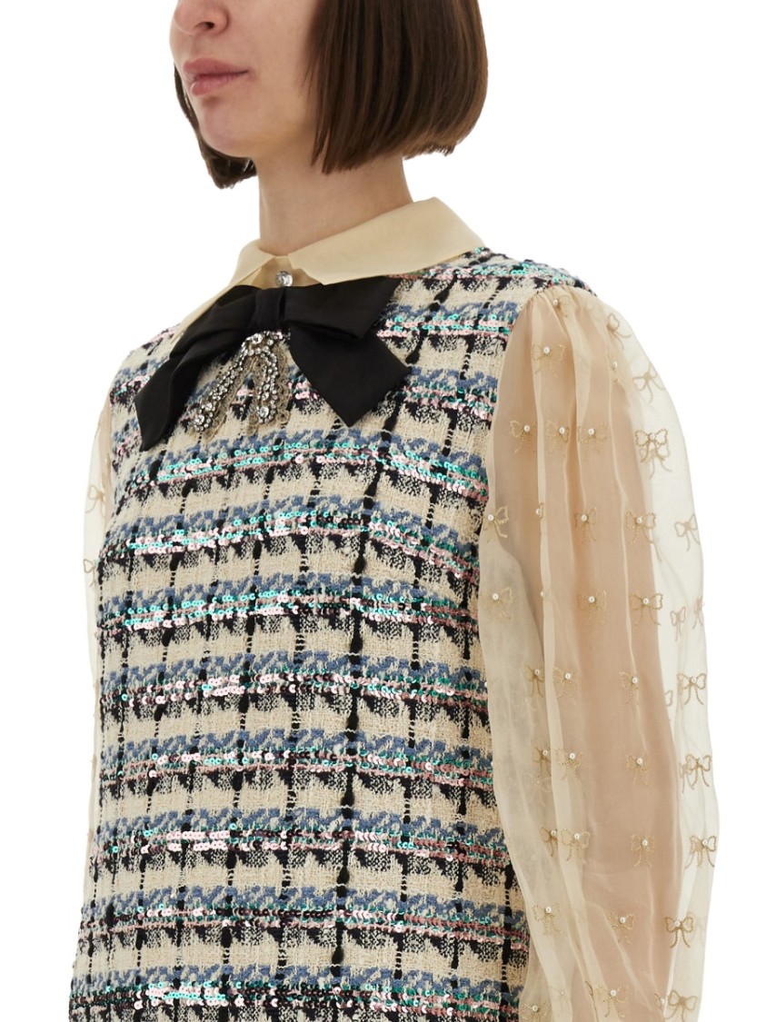 Valentino Tweed Dress With Bow-embellished Sleeves
